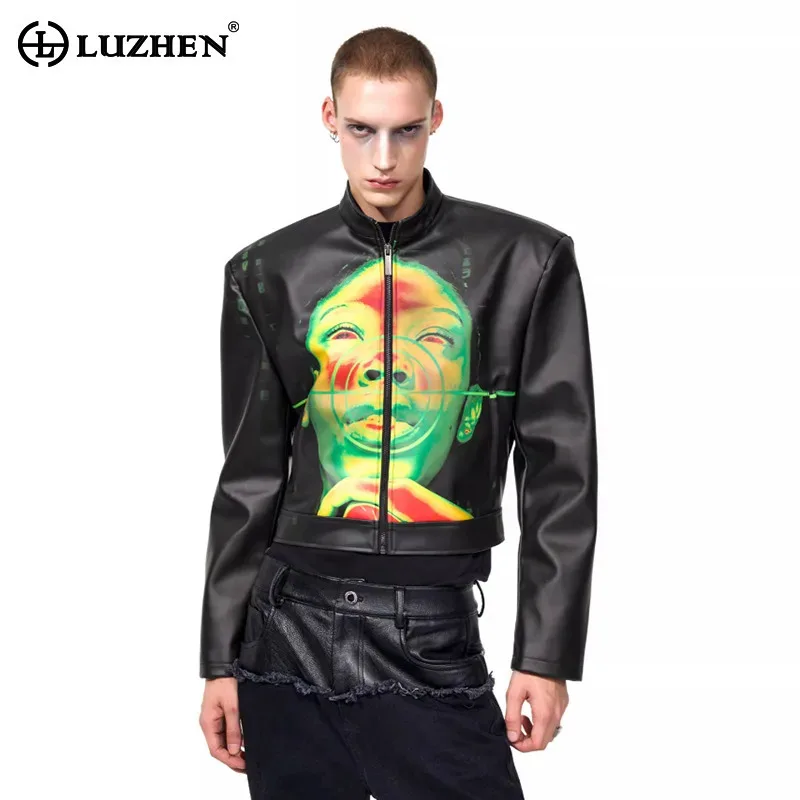 

LUZHEN 2025 новая короткая кожаная куртка с персонализированным узором и принтом, мужская мода, высокое качество, уличное мужское пальто с круглым вырезом JY5131