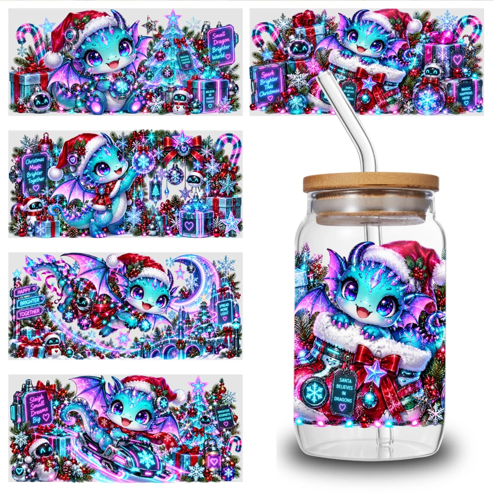 5 Sheets Cute Dragon Christmas Pattern UV DTF Stickers DIY Water Bottle Glass Glass DTF Transfer Stickers for 16 oz Tumbler