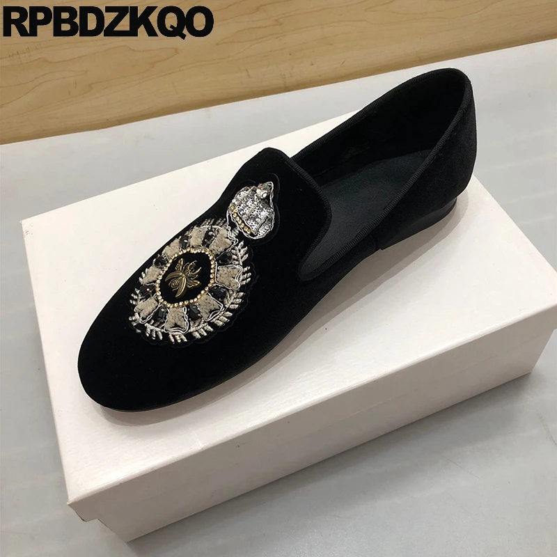 Large Size Animal Rhinestone 45 Round Toe Shoes Smoking Slippers Crown Sequin Slip On Crystal Embroided Men Flats Velvet Loafers