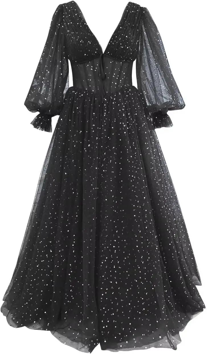 Glitzernde, sternenklare A-Linie-Abschlussballkleider aus Tüll mit Ärmeln für Teenager, langes Ballkleid mit Puffärmeln, formelles Abendkleid mit Taschen