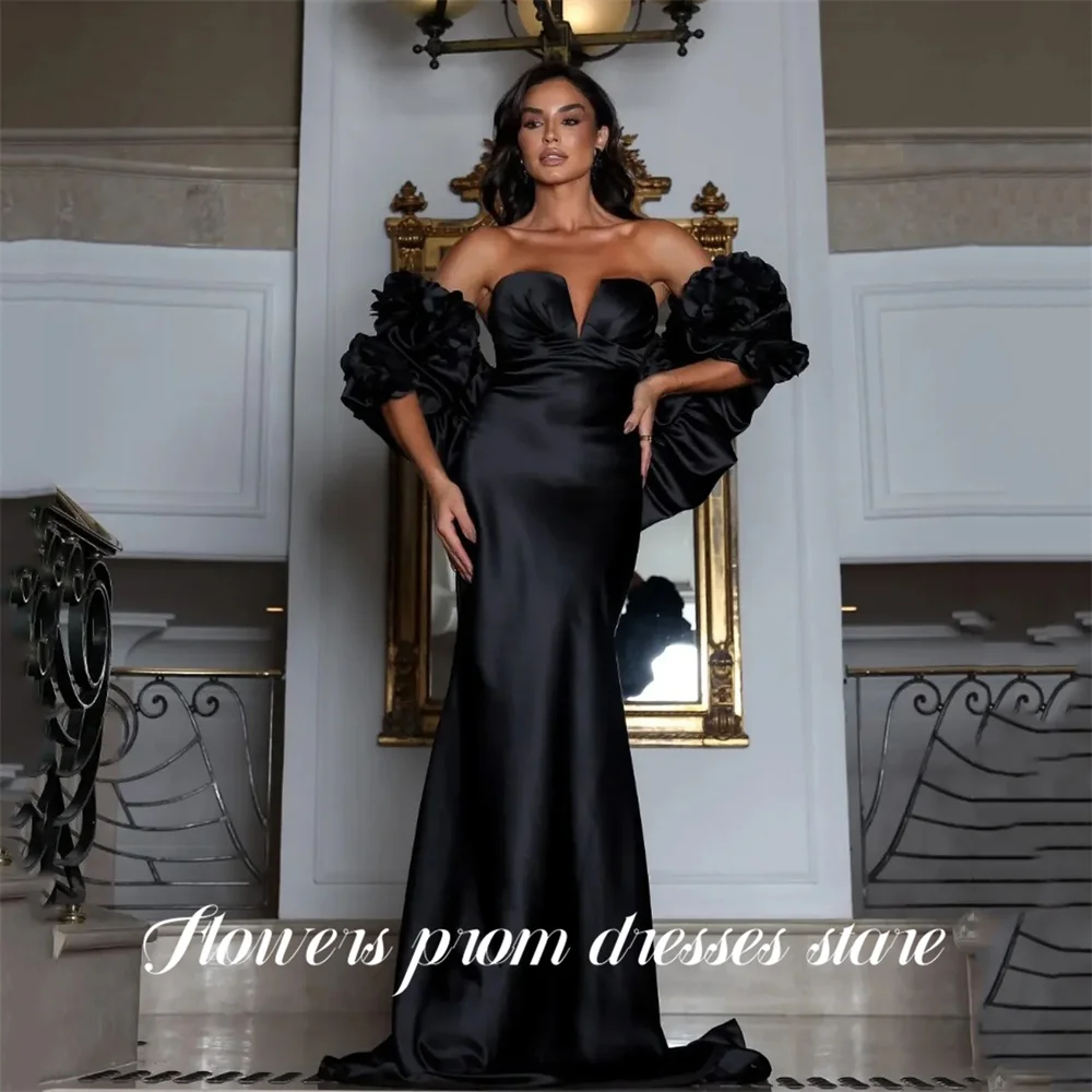 

Flowers Black Satin Evening Gown Off Shoulder Prom Dress with Voluminous Ruffled Arms Evening Dress robes de soirée Customized