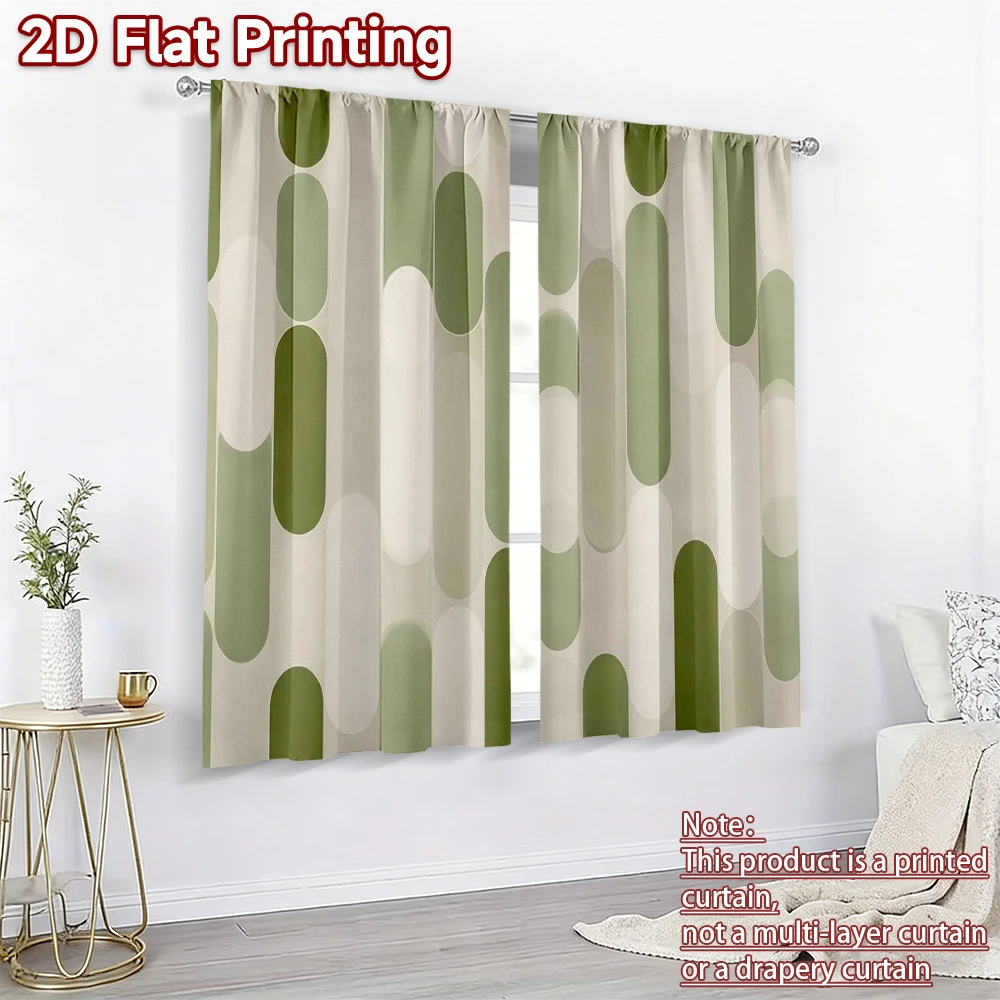 2PCS Digital Print Curtains Olive Green Geometric Oval Print Minimalist Neutral Window Curtains