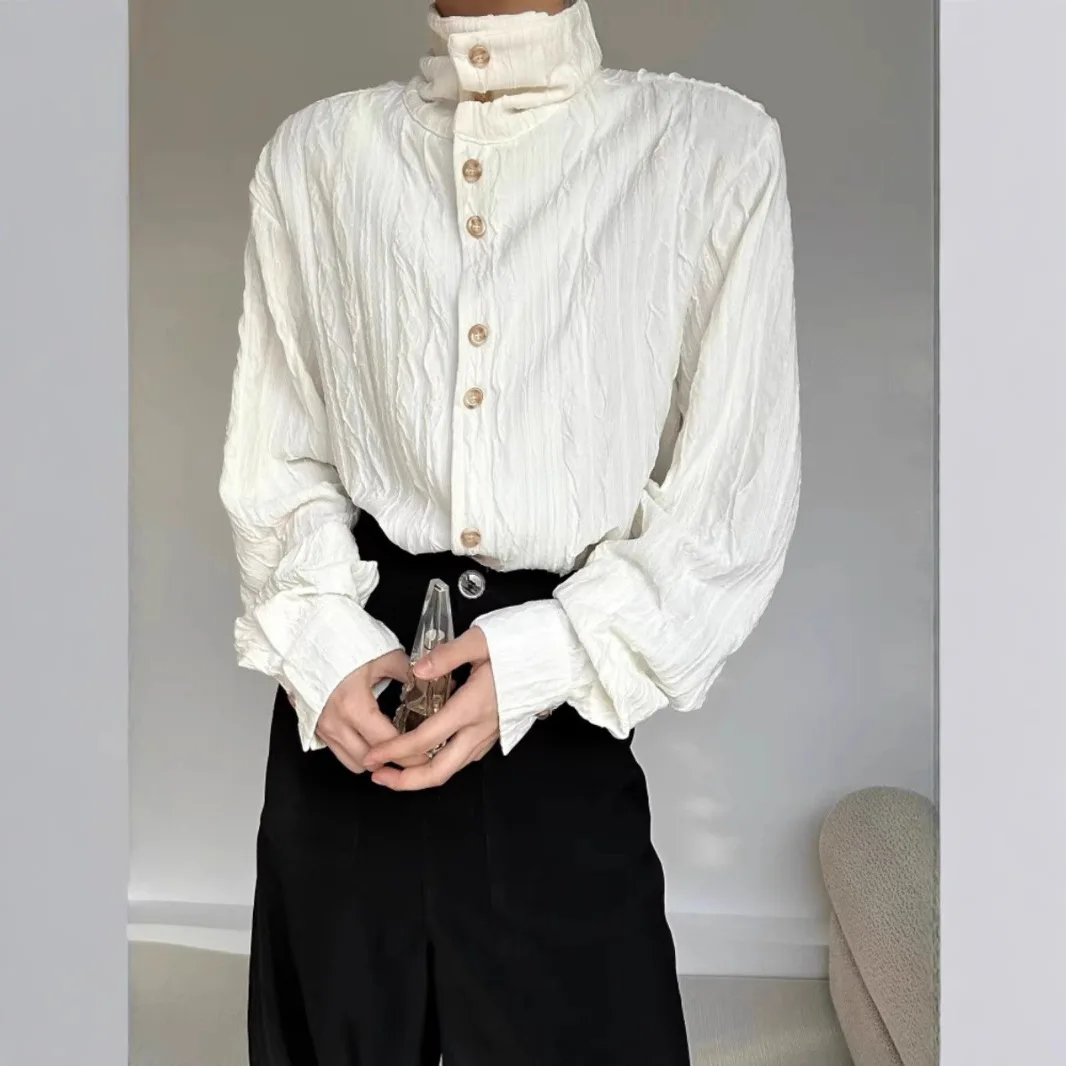 Unisex Casual Shirts 2025 New French Chic Cleanfit Shirt Stand Collar Ruched Design Retro Texture Long Sleeve Elegant Casual Top