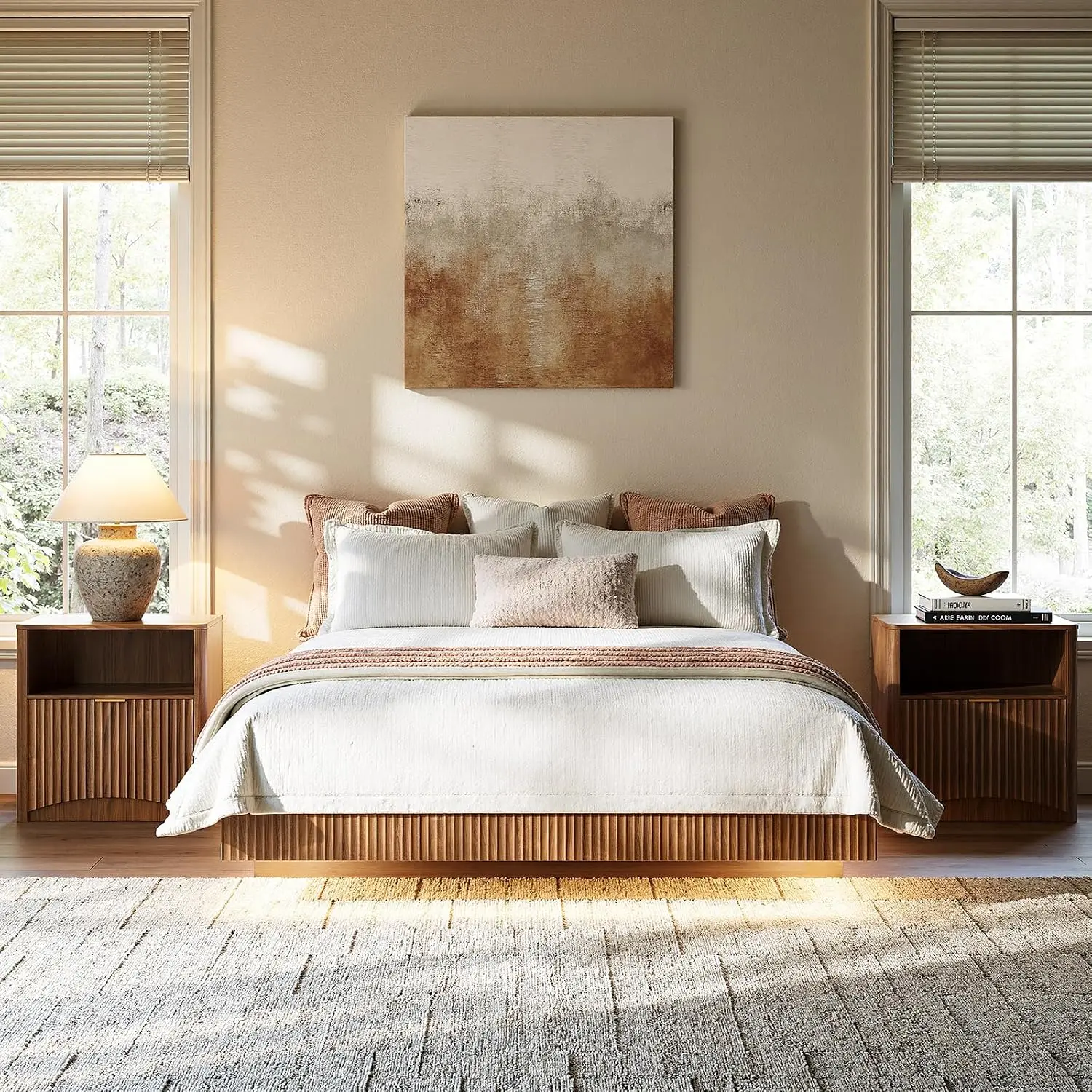 Walnut Queen Floating Bed Frame LED Fluted Platform No Headboard Heavy Duty Metal No Box Spring 10in High, Customized view 4