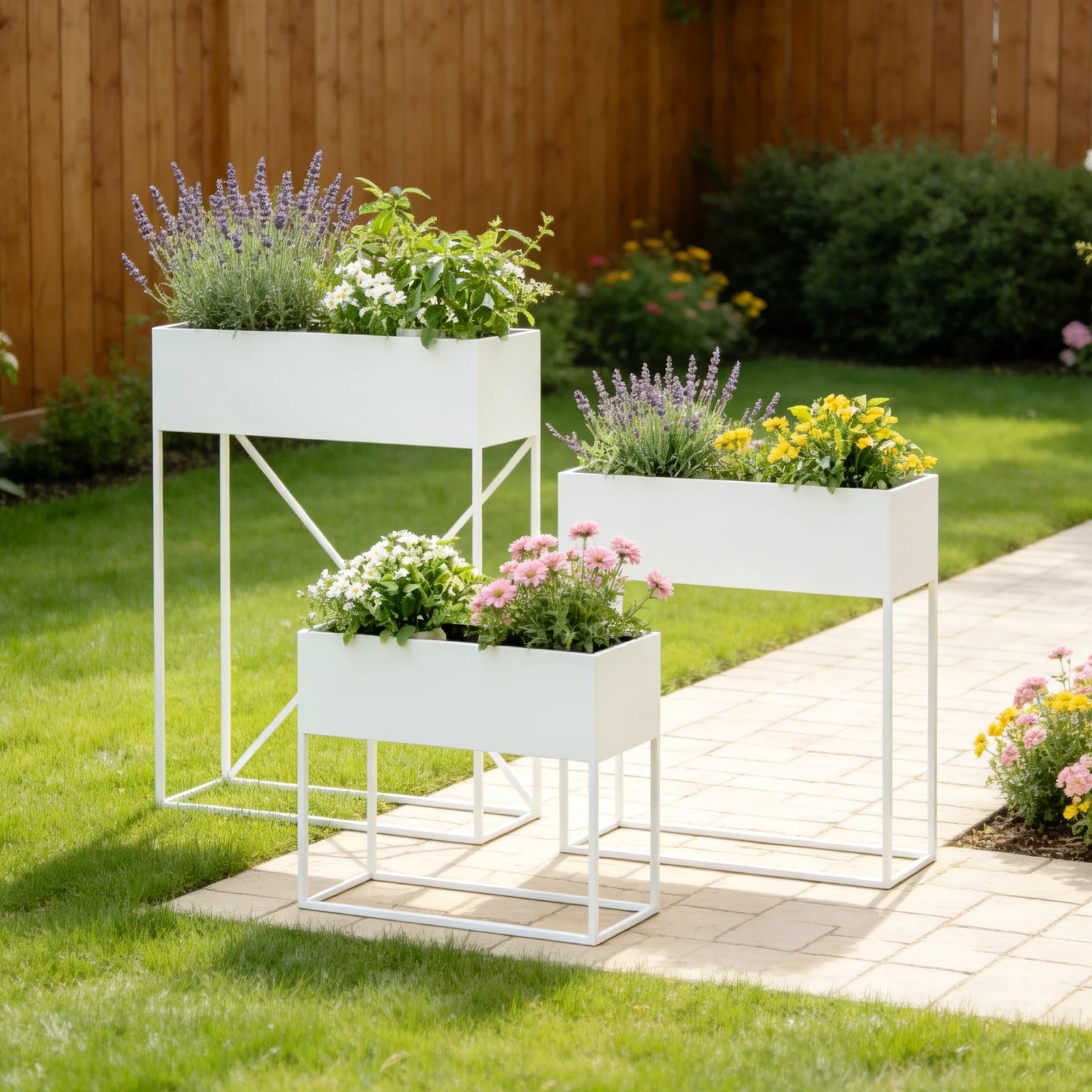 3-pcs Modern Metal Raised Garden Bed, White Elevated Planter Box with Legs & Detachable Plant Stand Holder, Vertical Multi-Layer Flower Pot Trough Display for Outdoor Indoor Balcony Patio Home Garden Decor