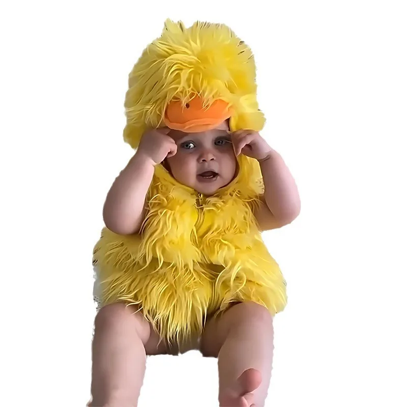 Toddler Baby Kids Duck 𝙲ostume Halloween Boy Girl Chick Vest Plush Romper Sleeveless Hooded Vest Animal Cosplay Costumes