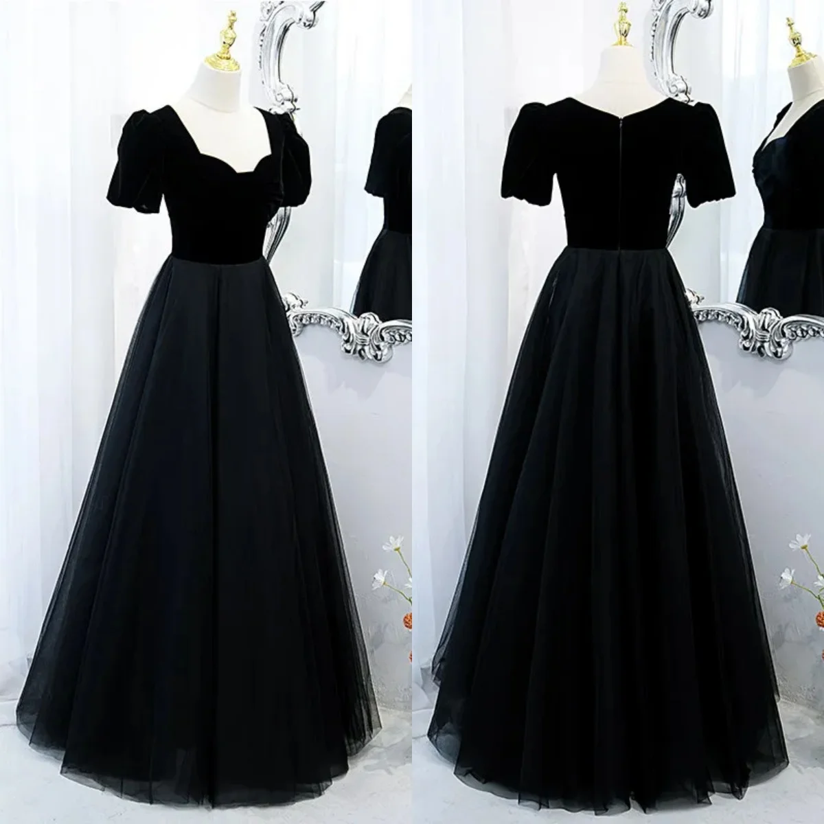 

Black Evening Dresses Velour Tulle Square Collar Short Sleeves A-line Floor Length Plus size Plus size Women Party Formal Gowns