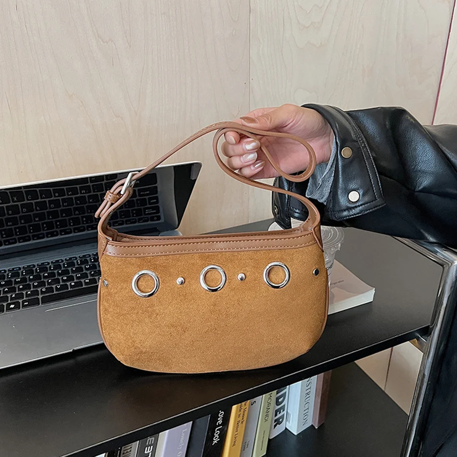 

Rivet Design Shoulder Bags For Women Faux Suede Mobile Phone Purses Fashion Zip Handbags Sac A Main Female Small Square Bags Sac