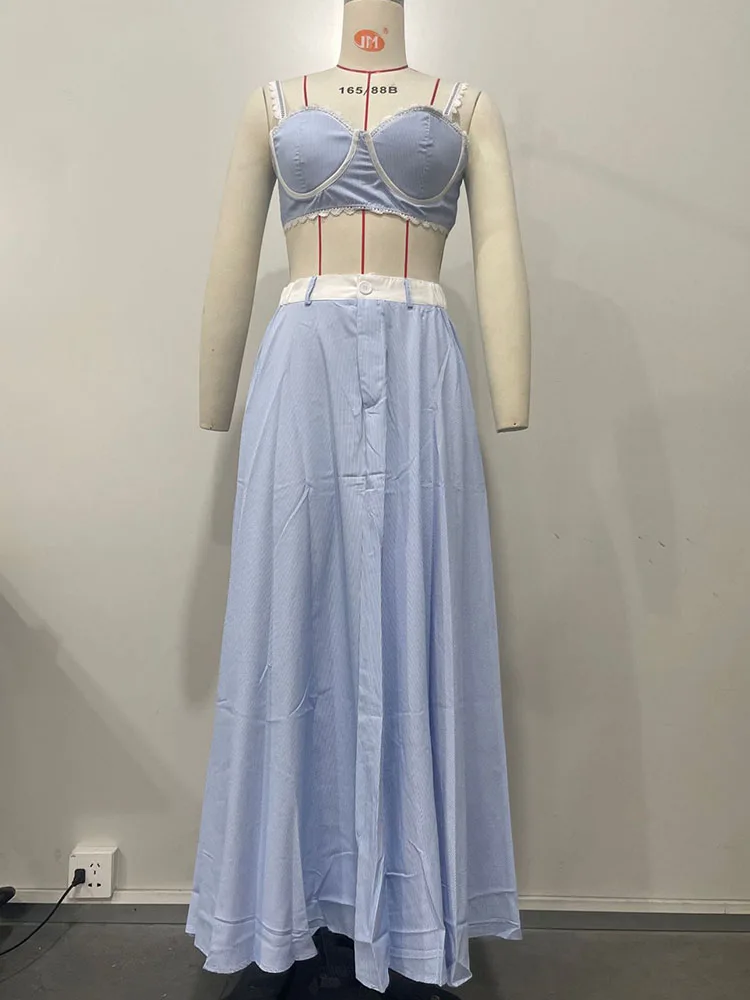 Doyerl Striped 2 Pieces Set for Woman Outfit Birthday Party Lace Patchwork Strap Crop Top and High Waist A-line Long Skirt Sets view 4