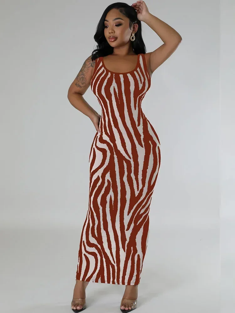 Sexy Zebra Stripes Bodycon Maxi Dress Women Party Club Elegant Hollow Out Ruched Tank Sleeveless Long Dresses Vestidos