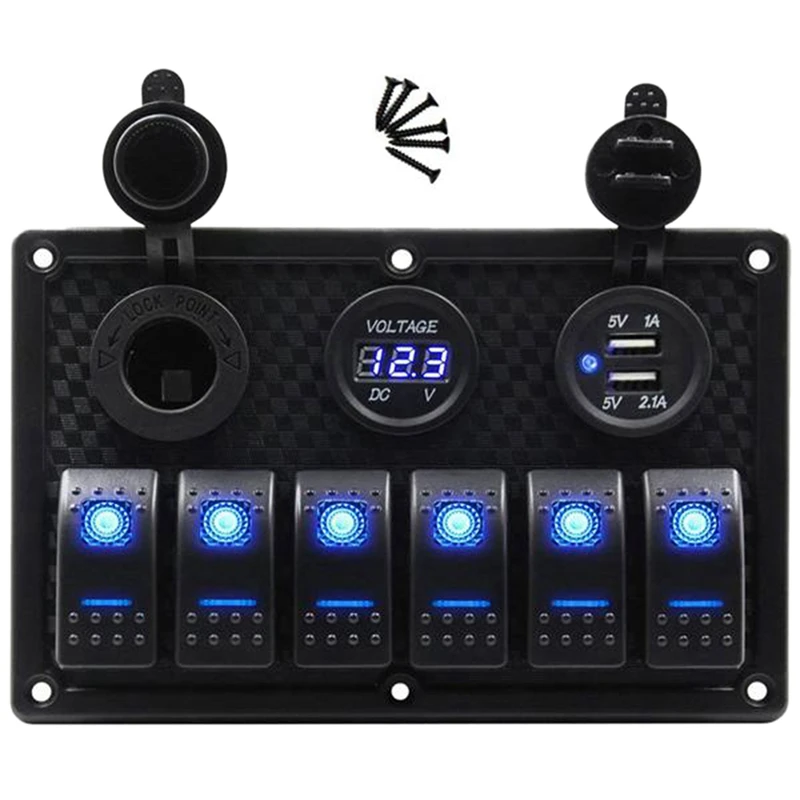 12/24V 6 Buttons Switch Panel With Digital Voltmeter Tester 3.0 USB Chargers Bule Light Boat Power Adapter