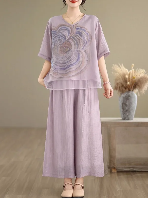 

Свободный топ из хлопка и льна с принтом в стиле ретро, широкие брюки, комплект из двух предметов, летнее новое поступление, женская брендовая одежда Faion