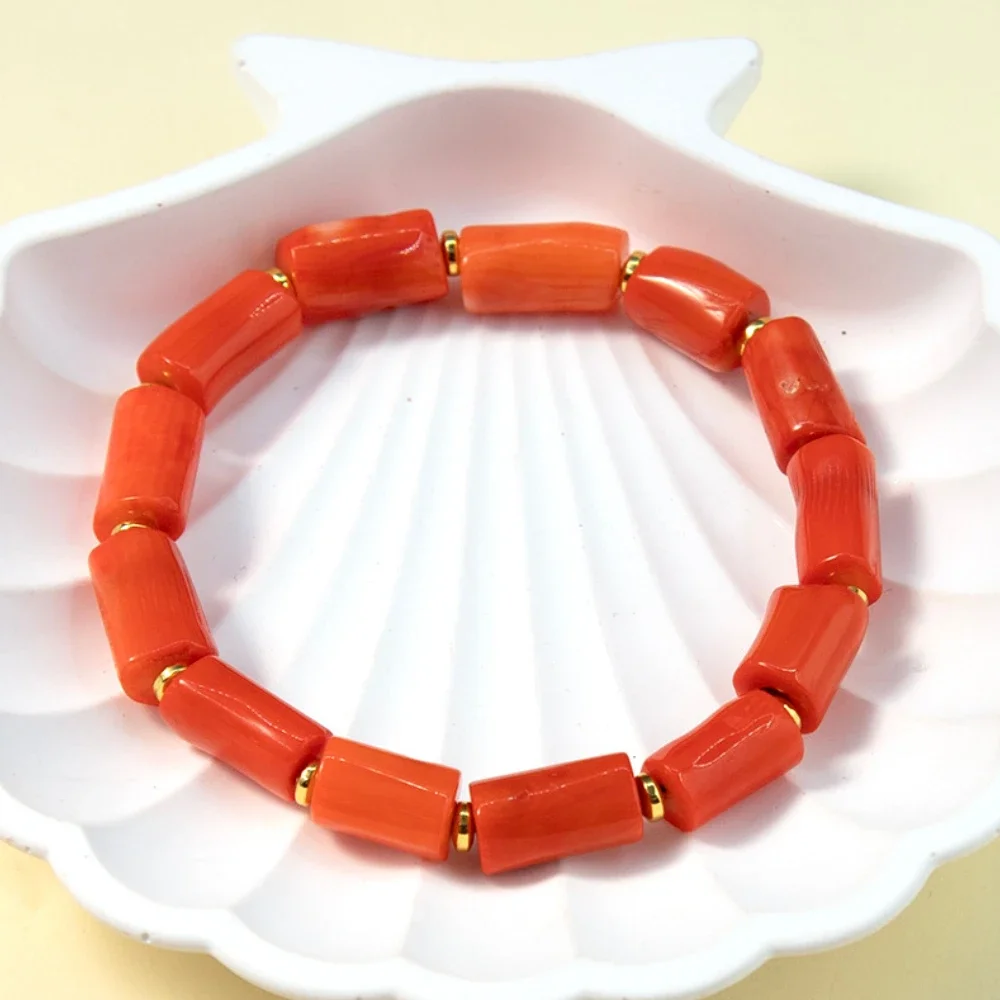 19 سنتيمتر البرتقال المرجان سوار غير النظامية 7x9-13 مللي متر أسطواني المرجان الخرز مع كوبر خزر عازل الكمال مجوهرات هدية ارتداء اليومي