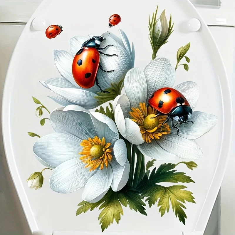 MT1288# Floral Ladybug Toilet Lid Decal - Self-Adhesive  Ceramic Toilet Vinyl Decals, Art Wall Paper, Outdoor Indoor Use