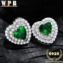 S925 Sterling Silver Stud Earrings Double Heart Green Zircon Halo Prong Setting for Women Valentine Gift Everyday Wear