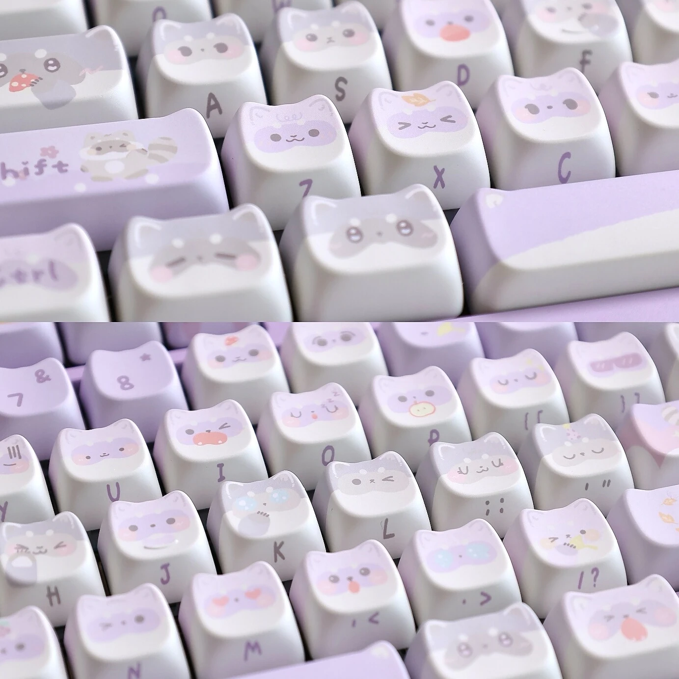 Cute Cat Ears Keycaps Raccoon Theme MAO Profile PBT Thermal sublimation Mechanical Keyboard keycap customized Purple Key Caps