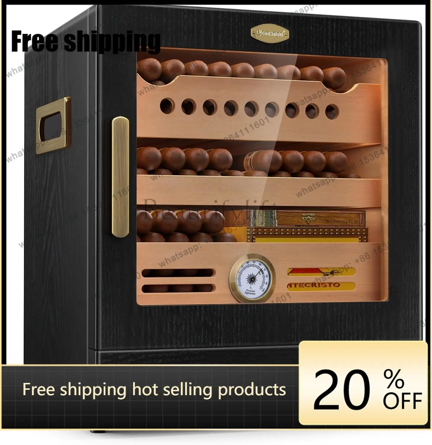 LJY Cigar Humidor Cabinet, Spanish Cedar Wood Drawer, Precision Hygrometer, 2 Humidifiers and Cigar Accessories Drawer