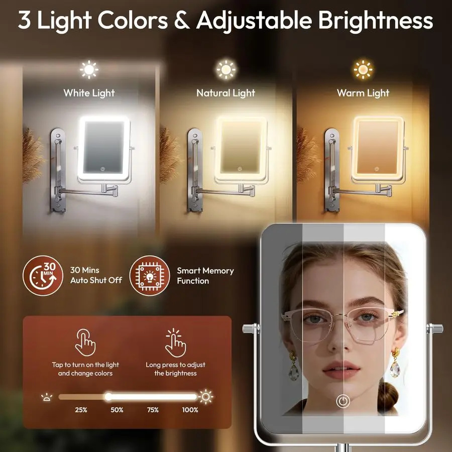 Adjustable Wall Mounted Lighted Makeup Mirror with Lights, 10X Magnifying Mirror for Bathroom, 7in Slide Rail and 360 Extended A