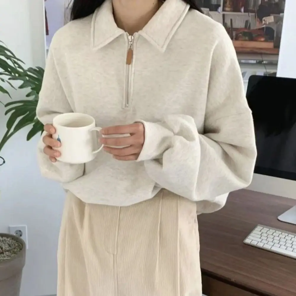 Mode Halb Hohen Kragen Langarm Top Zipper Koreanische Ins Herbst Hoodie Top Lose Kleidung Sweatshirts für Frauen Frauen