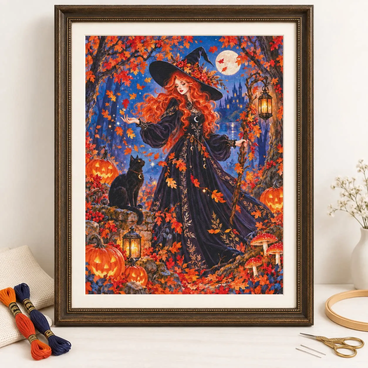 15CT [ZZ9305 - Halloween Forest Witch and Black Cat]Stamped Cross Stitch Kit 14CT 18CT 16CT DIY Printed Canvas Cotton Thread