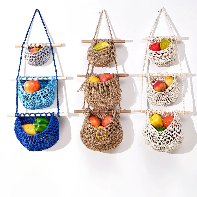 

Three-Tier Hanging Fruit Basket - Detachable Wall-Mounted Fruit Net, Minimalist Nordic Woven Produce Bag for Kitchen Storage