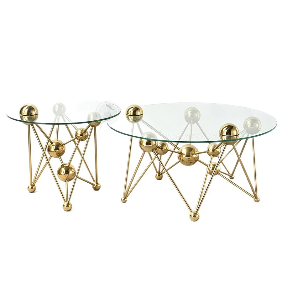

YJQ light luxury stainless steel glass round coffee table metal spherical modern living room shop coffee tea table