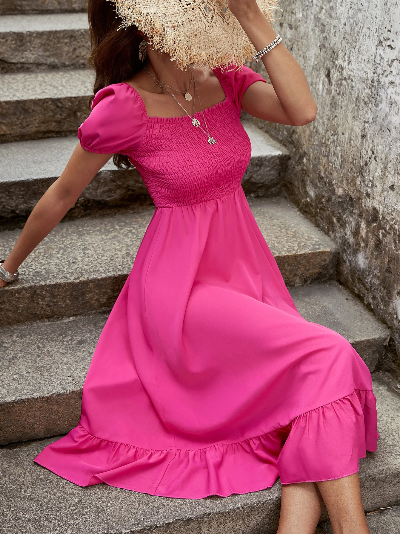 

Pleated Midi Dress Women 2022 Summer Square Collar Puff Sleeve Split Dress Woman Elegant Slit Dress Boho Beach Wear Clothes