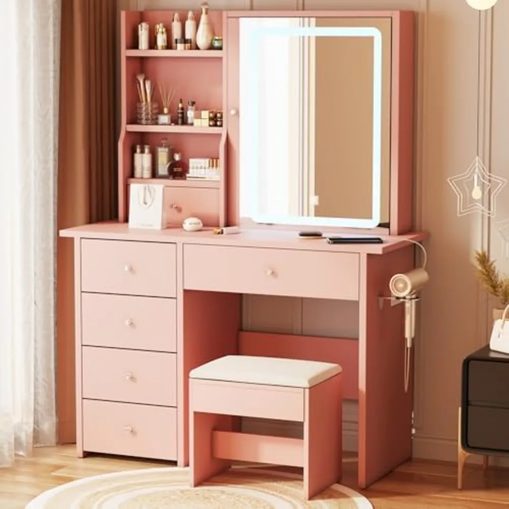 Vanity Desk with Mirror and LED Lights, Makeup Vanity Set with Power Outlet, and Stool,Jewelry Storage,Pink Vanity Desk