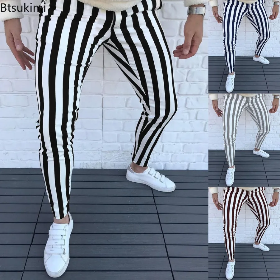 2024 New Men\'s Pencil Pants Fashion Classic Casual Striped Print Trousers Male Streetwear Business Sport Slim Pants Men Clothing