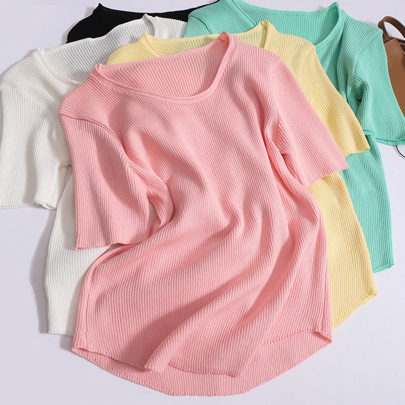 

Women's Short-sleeved Knitting Shirt Summer 2024 New Slim-fit T-shirt Tops