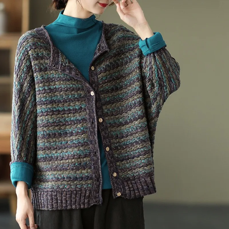 เสื้อสเวตเตอร์วินเทจสำหรับผู้หญิง ฤดูหนาว ฤดูใบไม้ร่วง คุณภาพดี อุ่น หนา แขนยาว ถักนิตติ้ง คาร์ดิแกน คอวี เสื้อคลุมถัก