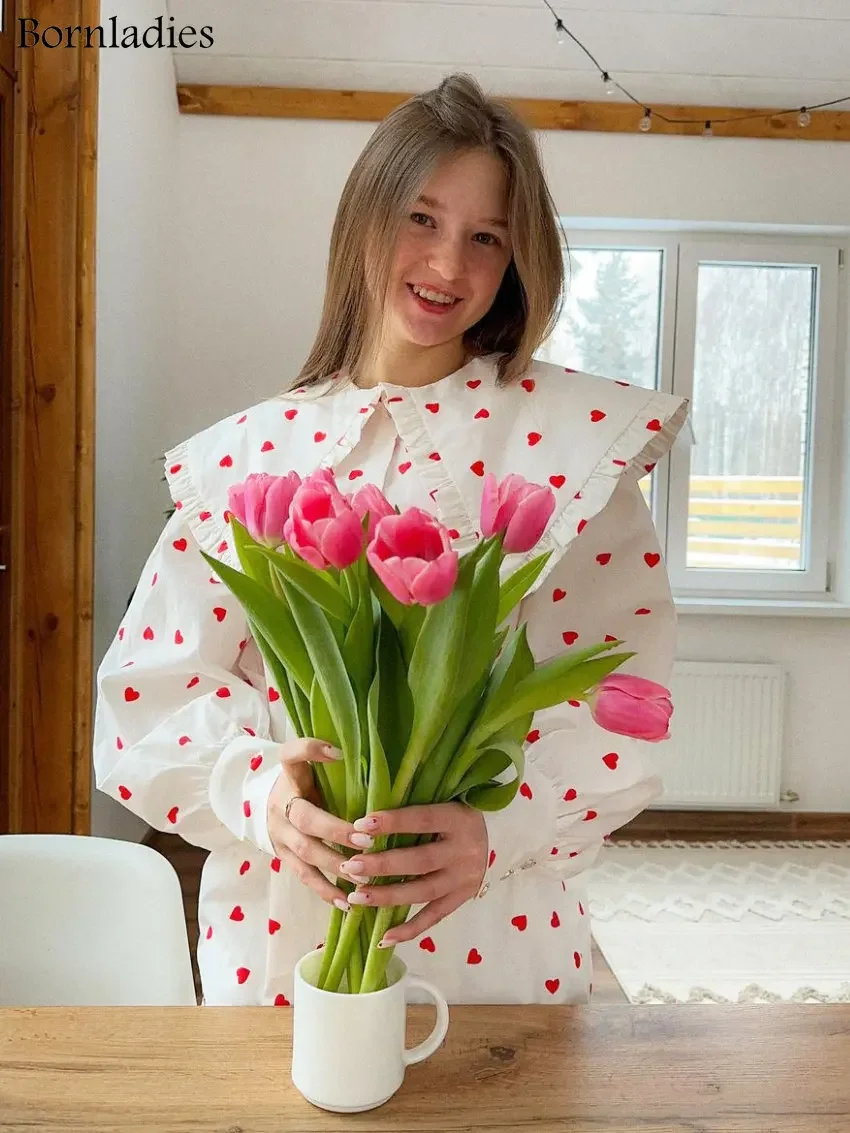 Bornladies-Blusa con volantes y cuello Peter Pan grande para mujer, camisas de algodón de manga larga con estampado de corazón, Tops para mujer,