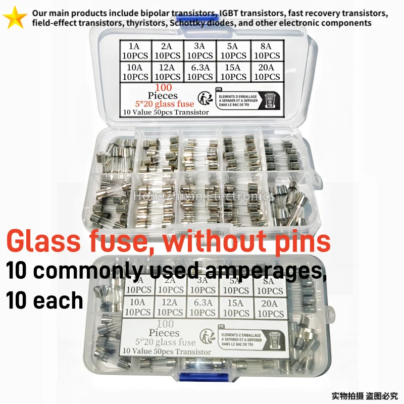 5x20mm No Pin Glass Fuse 1A-20A Fast Blow Glass Tube Fuse Assorted Specification for Circuit Protection BOX