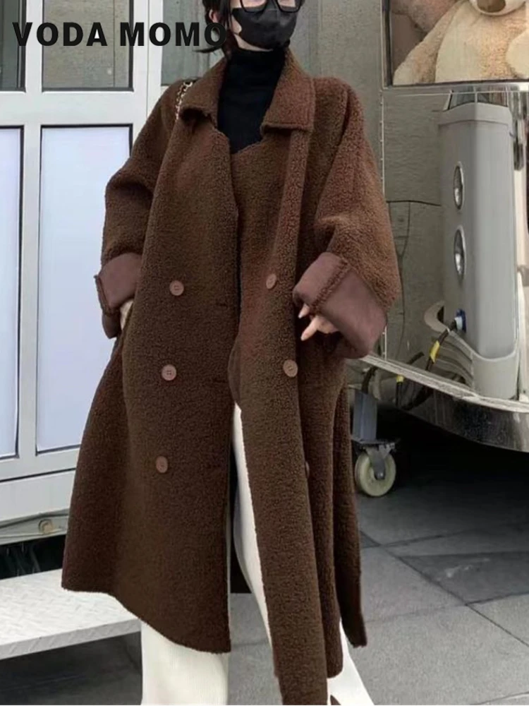 Temperament Lamb Wool Coat Women's 2024 Winter British Style Lazy Over Knee Loose Long Wool Coat Solid Color Harajuku Commuter