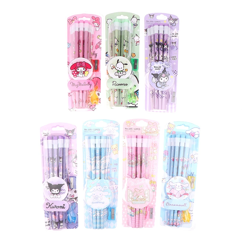 12 Pack Kawaii Sanrio Kuromi HB Pencils W/Sharpener Anime Cinnamoroll Pochacco My Melody Writing Drawing Pencils Sketch Pens