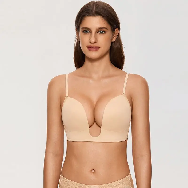 

Full Coverage Deep V Sexy Backless Bra Women Minimizer Underwire-Free Thin Cup Push Up Lace Bra Plus Size Underwear