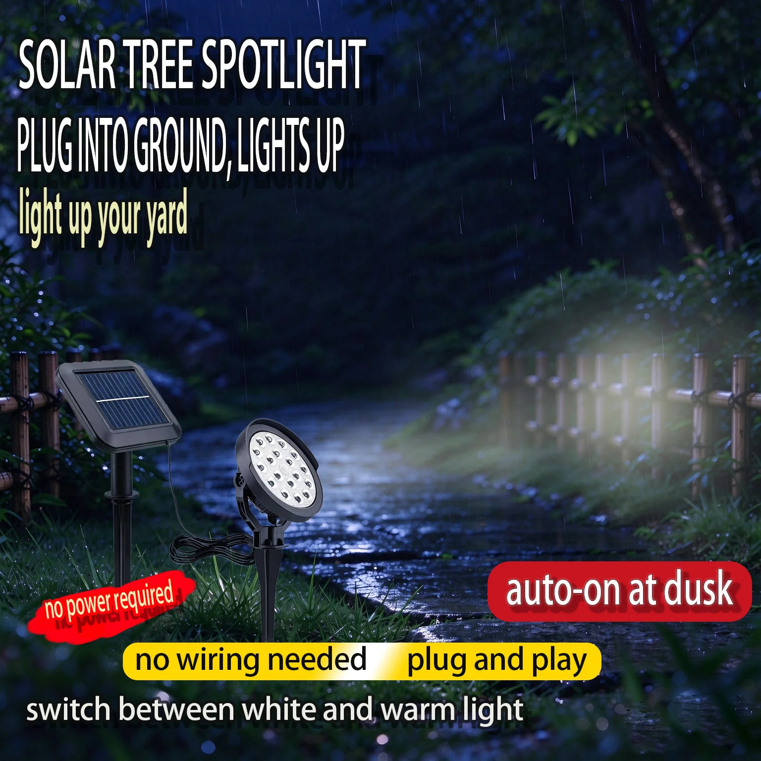 Solar Landscape Spotlight, Separated Solar Panel Outdoor Ground Stake Light, Waterproof Solar Tree Uplight for Yard Garden