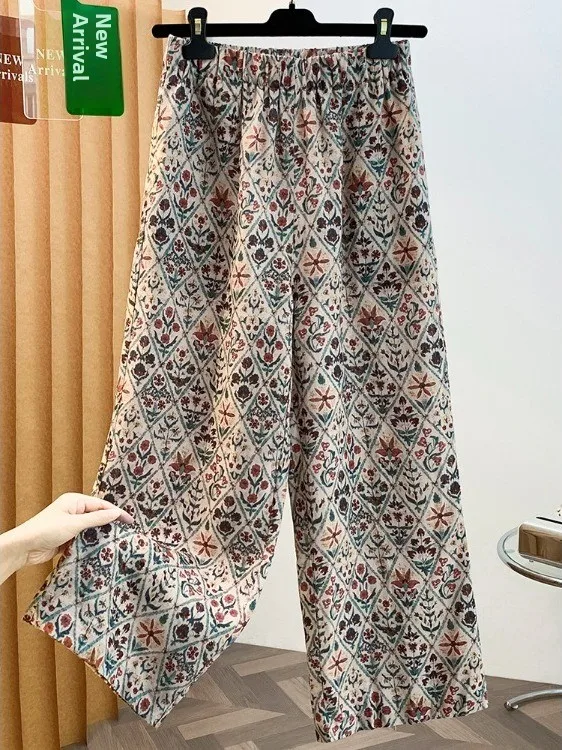 High-End European Summer 2026 New Vintage Countryside Style Elastic Waist Printed Straight Leg Pants Women Casual Trousers