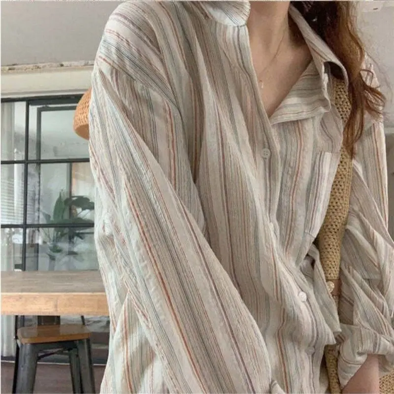 

Korean Vintage Striped Women Shirts Long Sleeve Designed Summer Cotton Loose Button Up Shirt Oversize Female Tops New