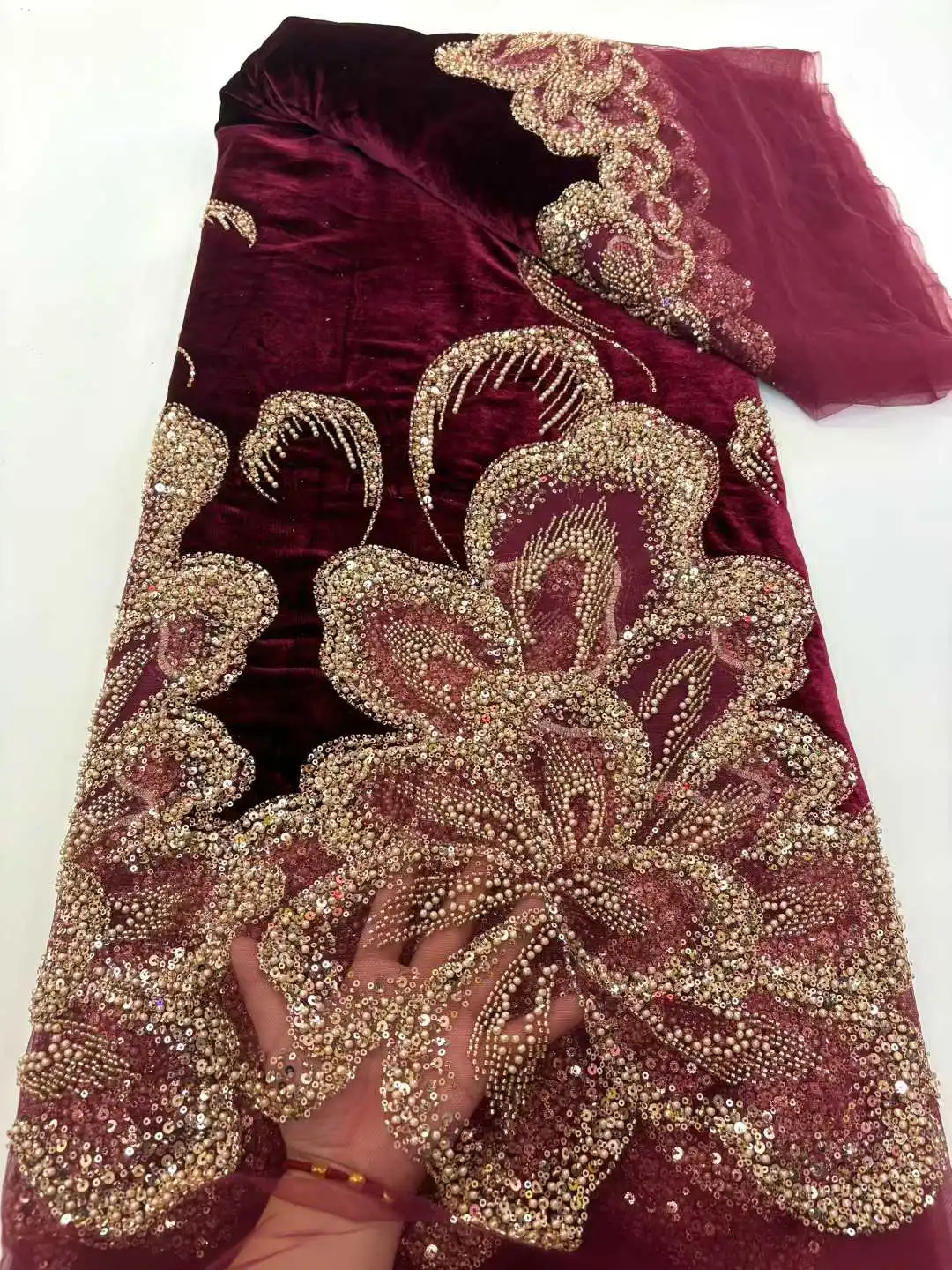 

Nigerian Velvet Sequin Lace Fabric High-Quality African Tulle Handmade Beaded Net Lace for Party Dresses 2025