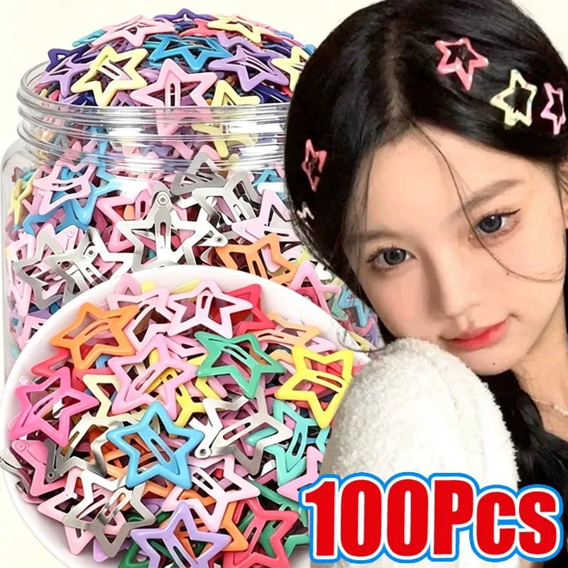 10/100pcs Colorful Resin Star Hair Clips Y2K Barrettes Sweet Girl Metal Snap Clips BB Solid for Teens Kawaii Hair Accessory Kids