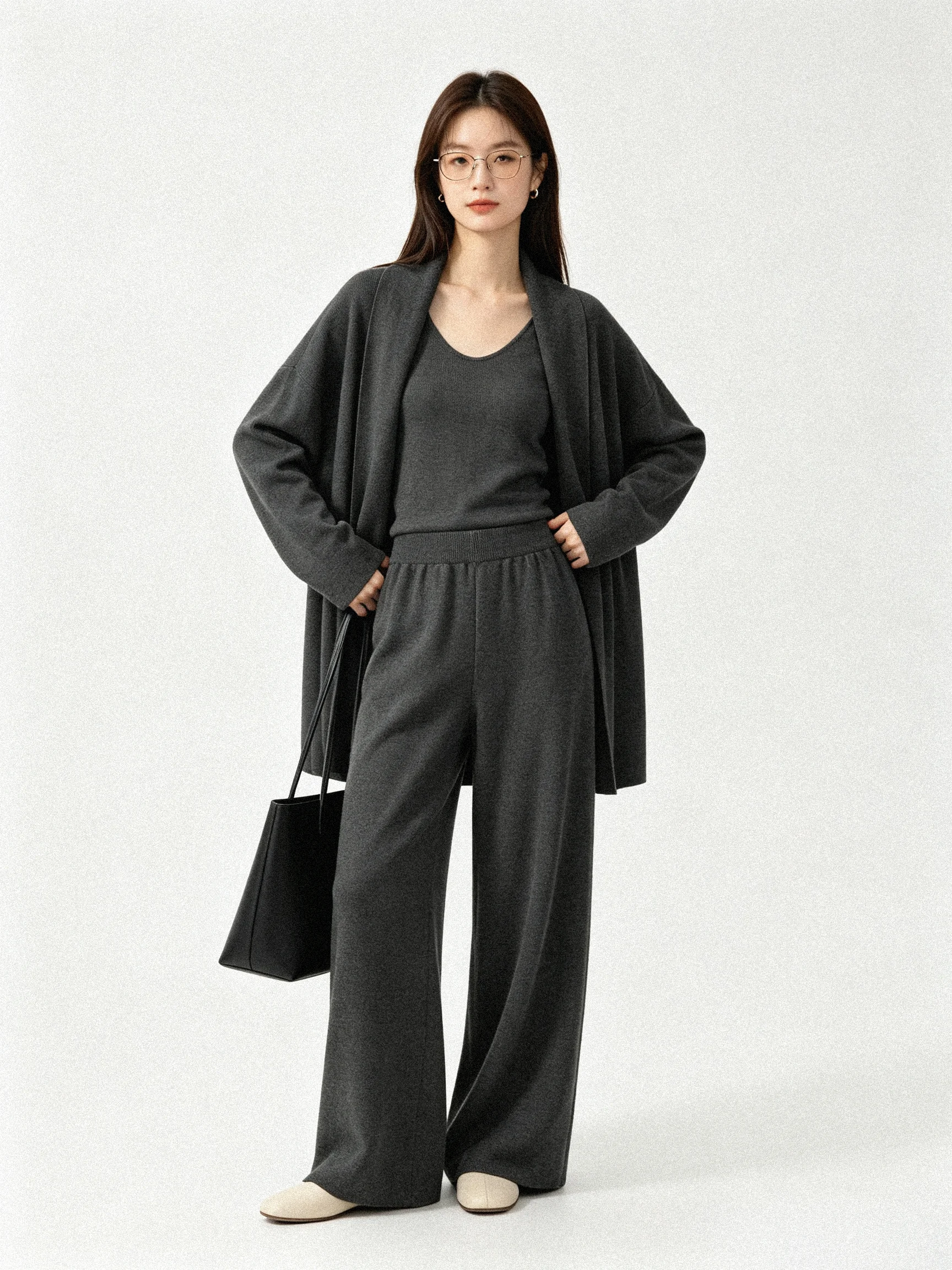 Korean Style Soft Knitted Mid-Length Open Cardigan Slimming Vest Strap Set Winter High Waist Wide Leg Pants Fashion Ensemble