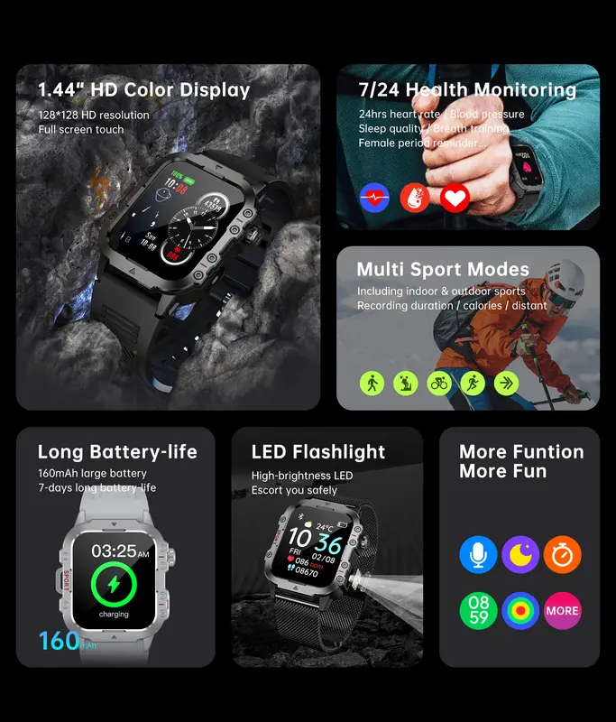 2026 New Military Smart Watch Men IP67 3ATM Outdoor Sports Fitness Tracker Health Monitor 1.44Inch BT Call Smartwatch - Image 2