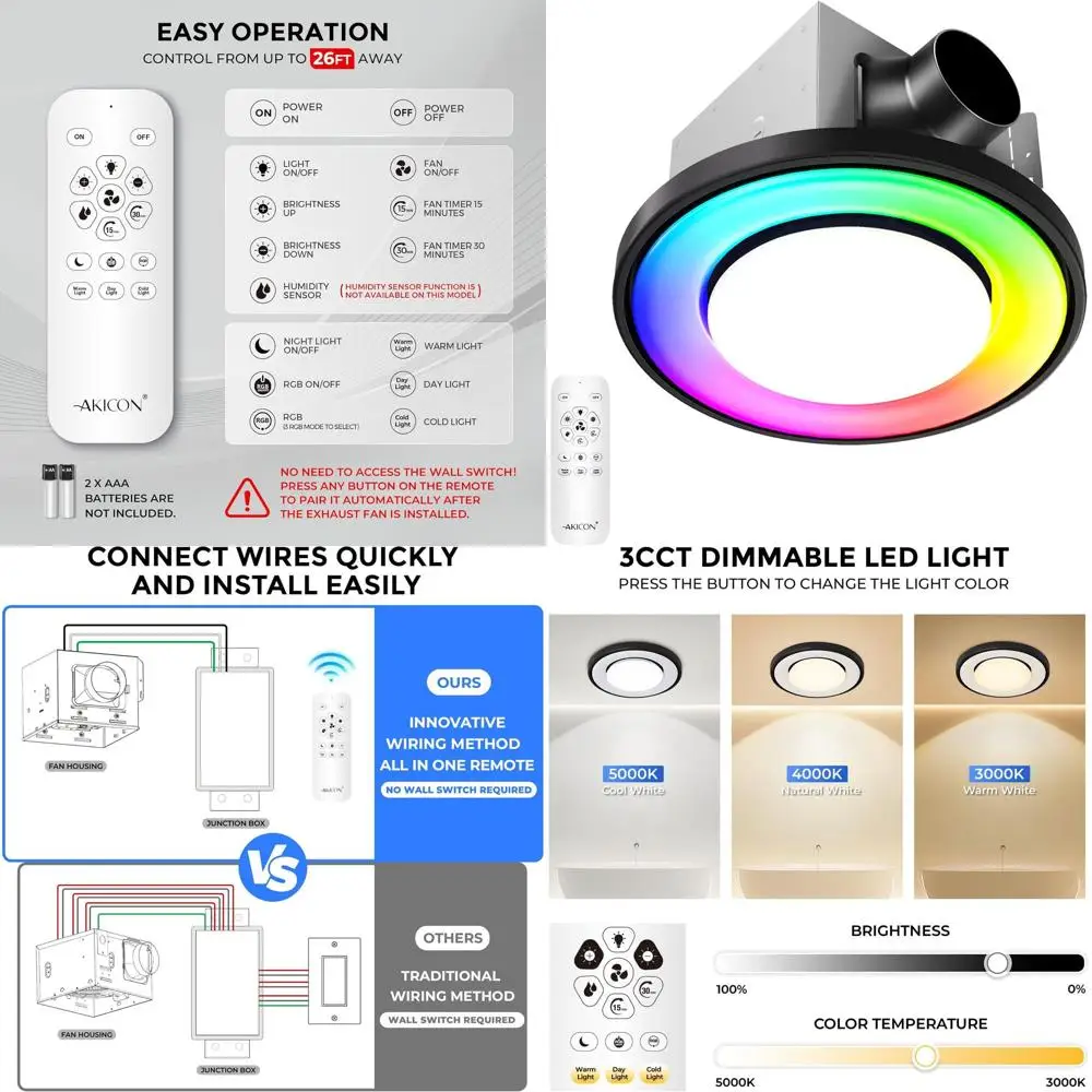 

Ultra Quiet 110 CM 3CCT RGB LED Bathroom Exhaust Fan with Nightlight, Ceiling Mount, Remote Control, Black
