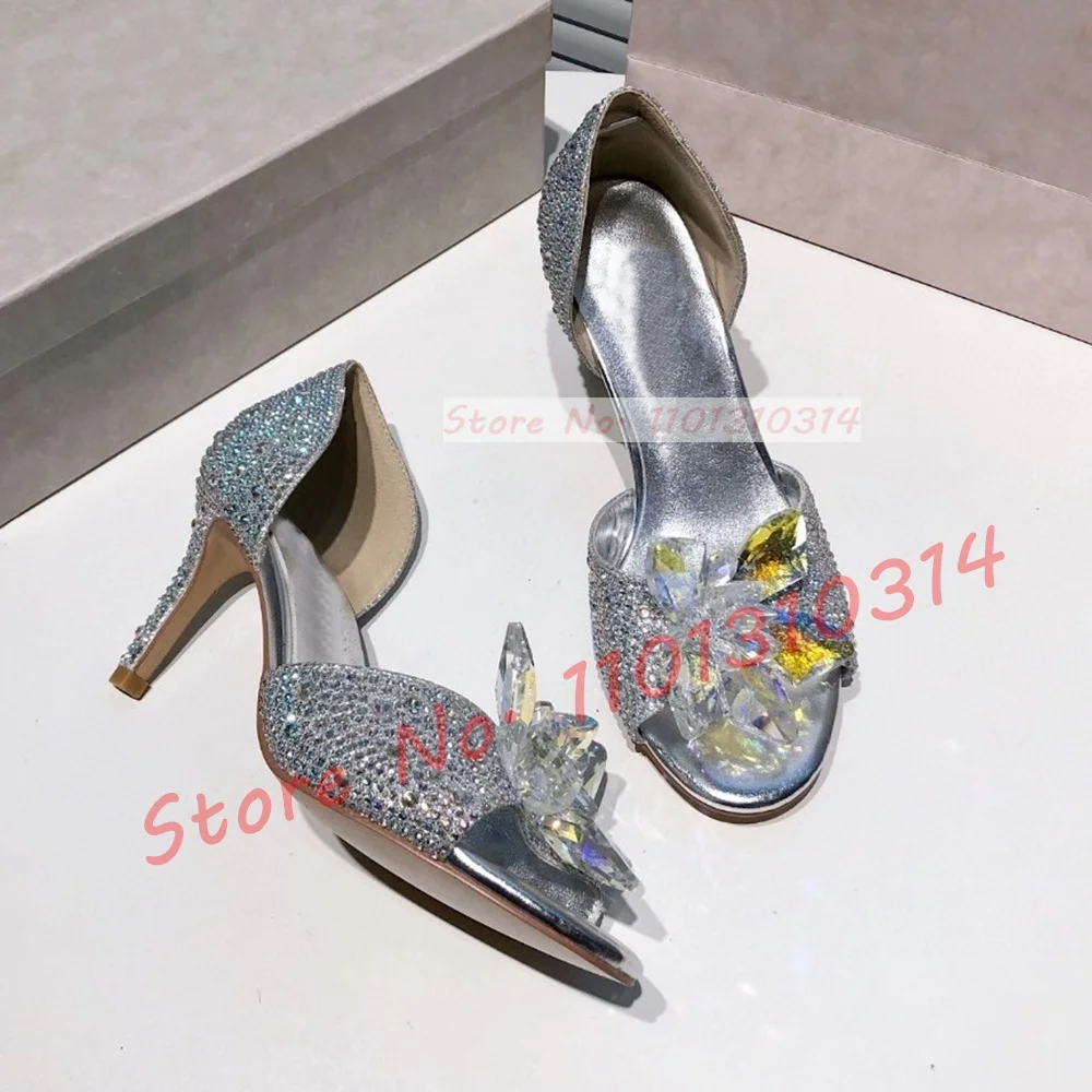 

Colorful Crystal Flower High Heels Mules Women Silver Full Diamond Luxury Wedding Pumps Ladies Party Casual Sheepskin Slippers