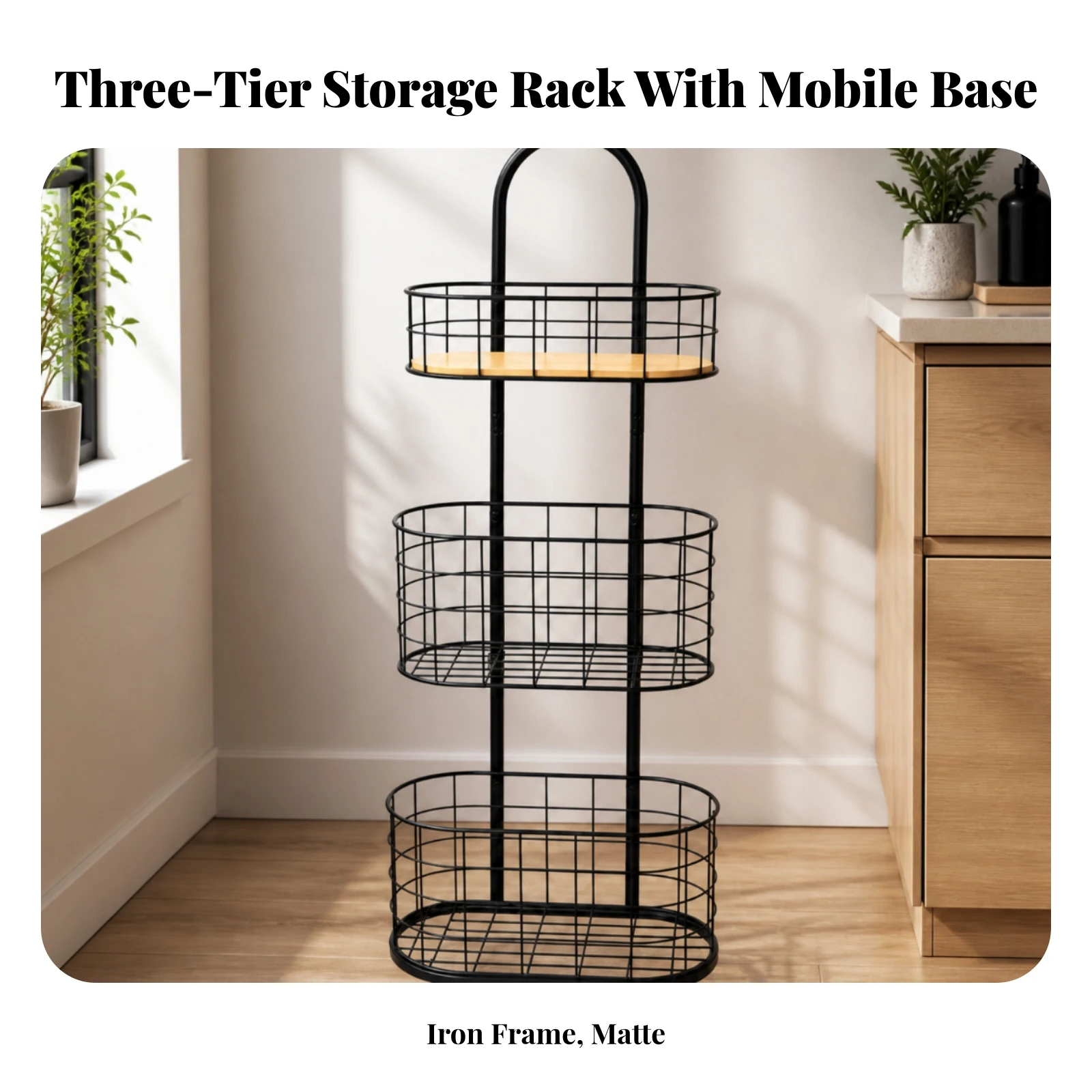 Laundry Cart with Handle 3-Tier Wire Basket Cart Space-Saving Freestanding for Bathroom, Kitchen