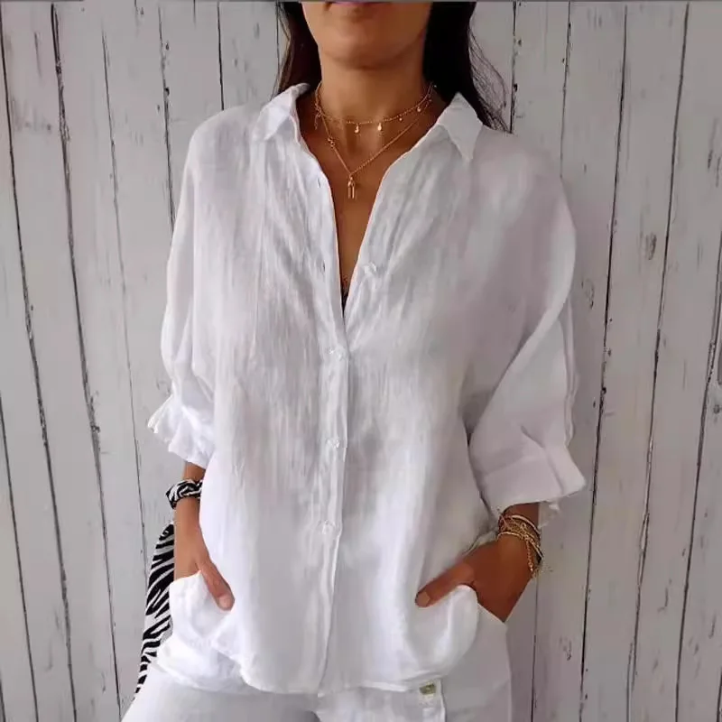 

Women's New Patchwork Polo Collar Button Fashion Solid Color Loose Minimalist Casual Versatile Long Sleeved Blouses Shirts