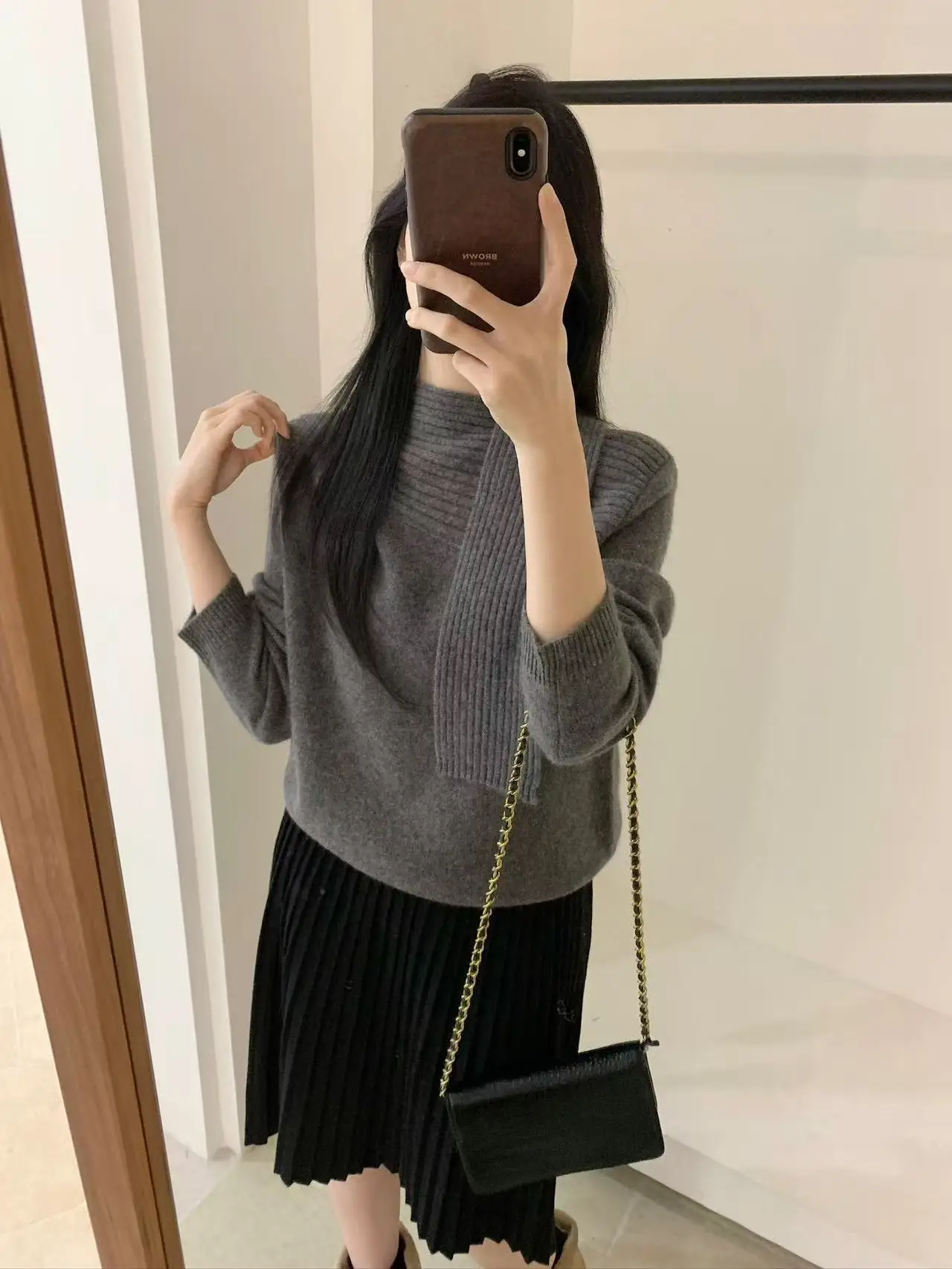 

Versatile Bear Fur Scarf High Ne Warm Knitted Sweater Women's Sle Commute Thi Long Sve Color Casual Faion