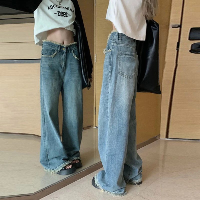 

Широкие брюки с высокой талией Y2K, расклешенные брюки для женщин, повседневные брюки в винтажном стиле с потертыми краями, зимние модные женские джинсы