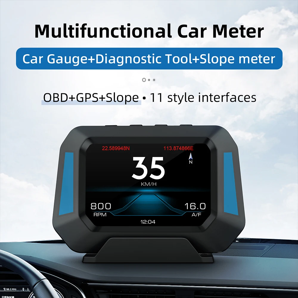11-interface P21 Smart Car Head-up Display Speedometer OBD2+GPS+Slope Meter 12 Language LCD Water Temp Fuel Consumption etc. HUD